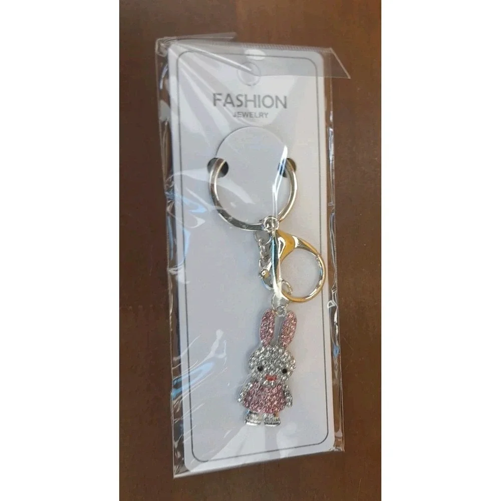 Bunny Rabbit Silver Toned Pink Rhinestones Purse Charm/Keychain By Fashion Jewel